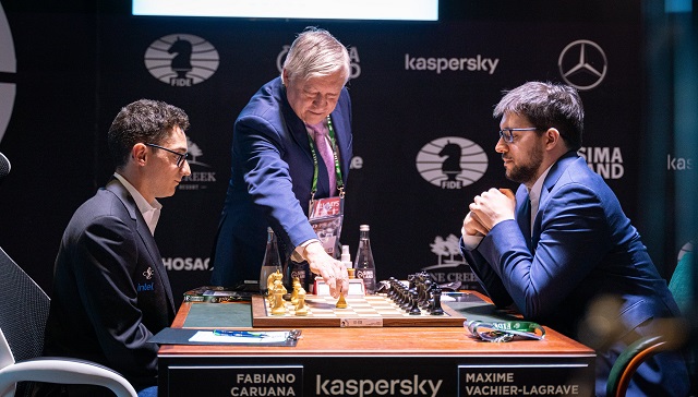 El Torneo de Candidatos 2020/21 tuvo un formidable comienzo, en el que el GM Fabiano Caruana superó al GM Maxime Vachier-Lagrave. Foto: Sitio oficial del evento.