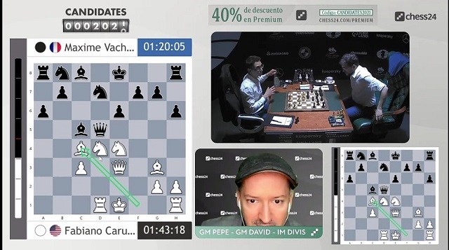 Momento en el que Caruana sacrifica al alfil en c4. Foto: Tomada del perfil en Twitter de Chess24