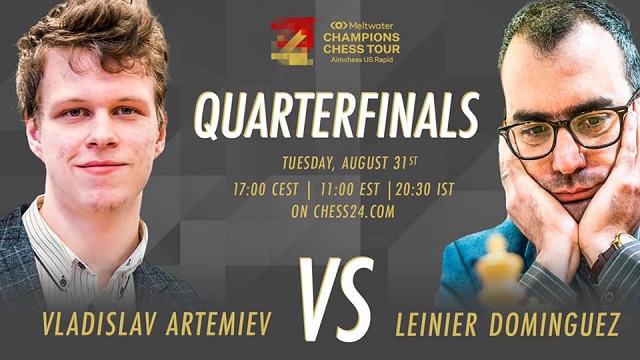 El GM Leinier Domínguez igualó a dos puntos el primer match de cuartos de final ante Vladislav Artemiev, en el Aimchess US Rapid